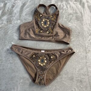 ASOS Swim Bikini Set Womens 8 Brown Embellished High Neck Racerback Beaded